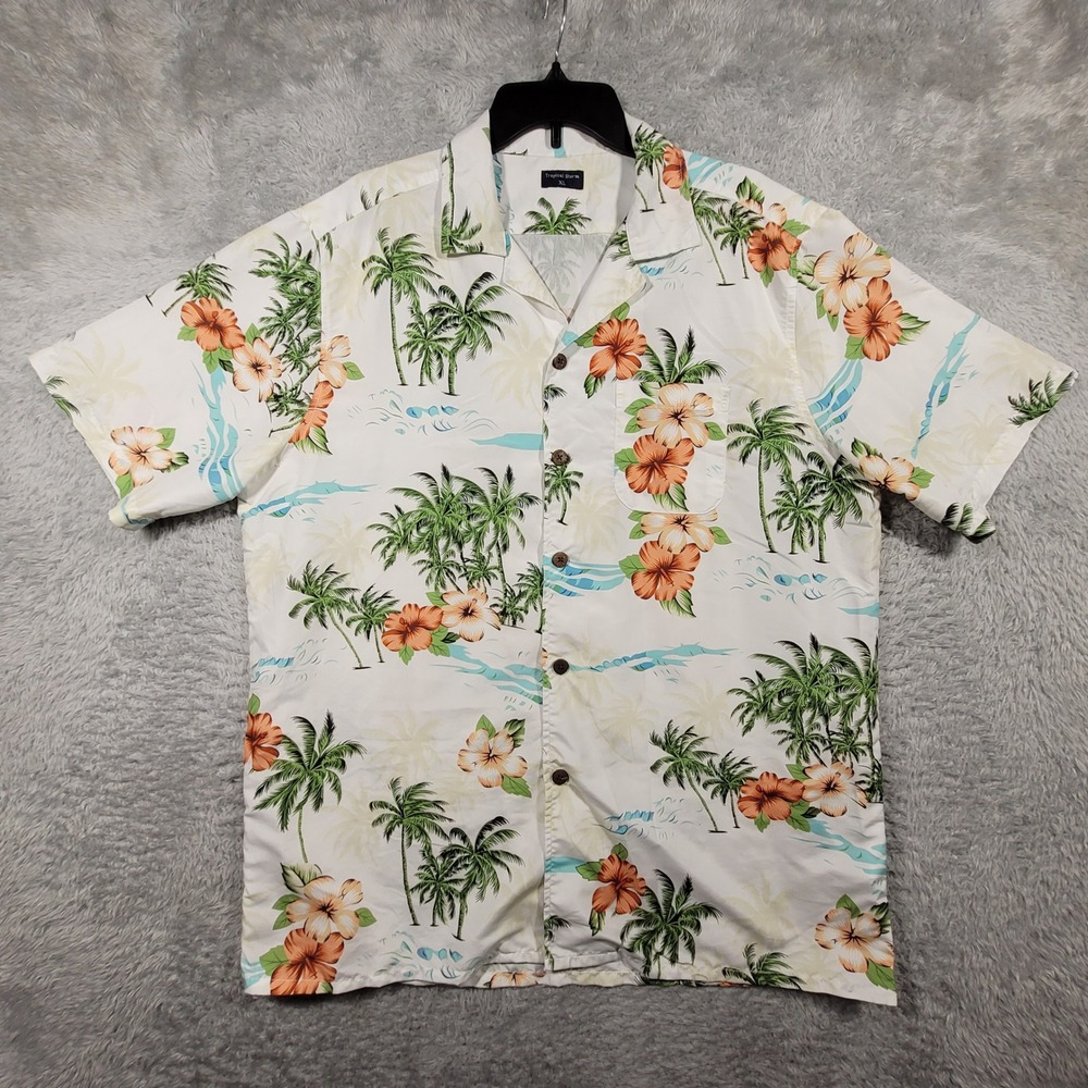 Tropical Storm Button Up Mens XL White Palm Tree Hibiscus Floral Hawaiian Shirt